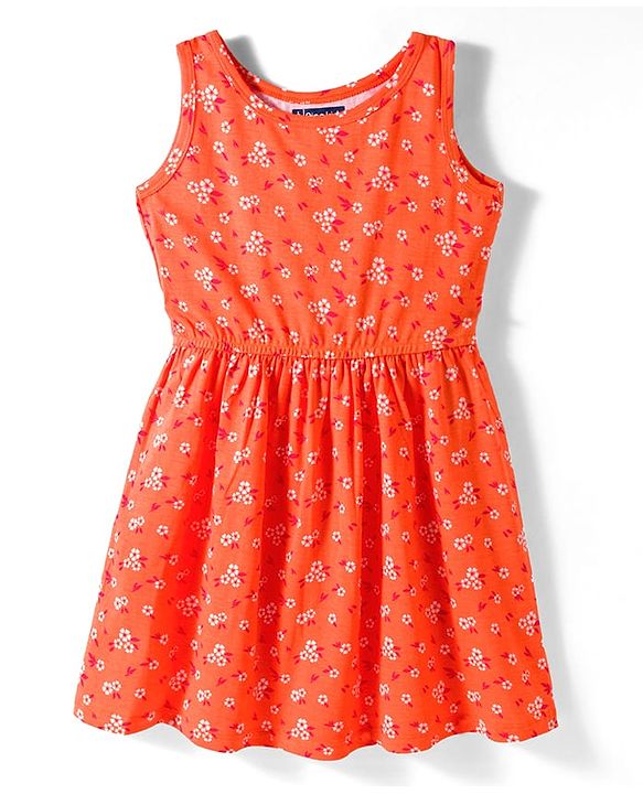Pine Kids Cotton Knit Sleeveless Fit & Flared Frock with Floral Print- Orange