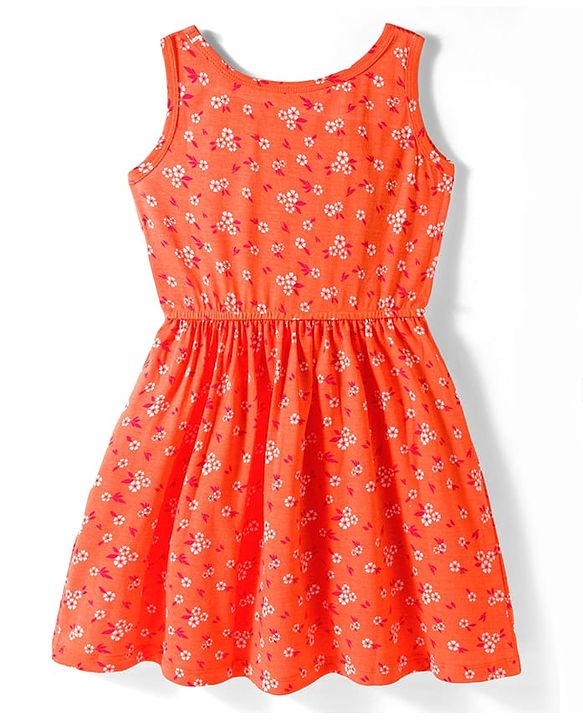 Pine Kids Cotton Knit Sleeveless Fit & Flared Frock with Floral Print- Orange