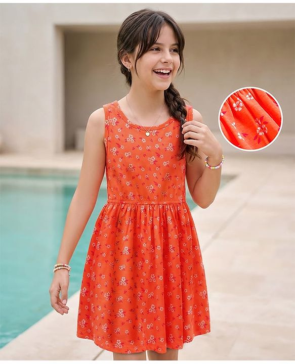 Pine Kids Cotton Knit Sleeveless Fit & Flared Frock with Floral Print- Orange