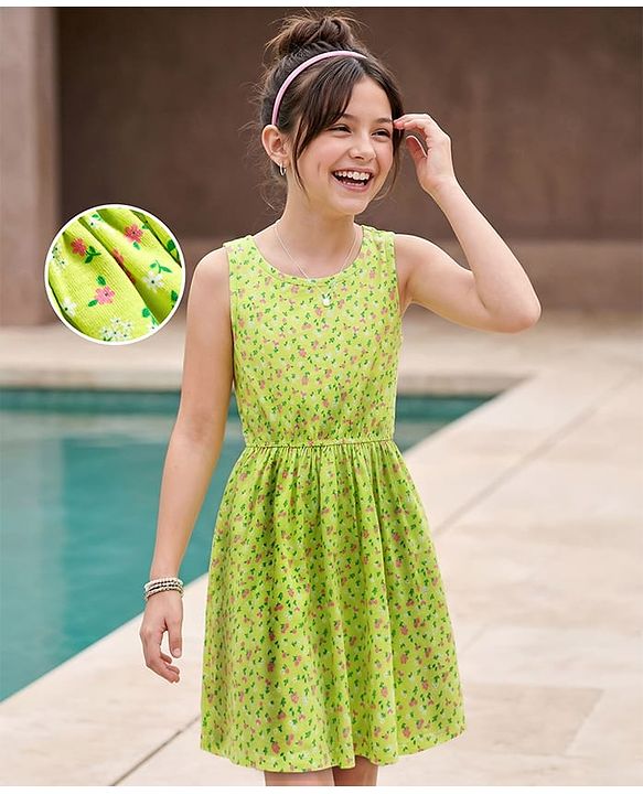 Pine Kids Cotton Knit Sleeveless Fit & Flared Frock with Floral Print- Light Green