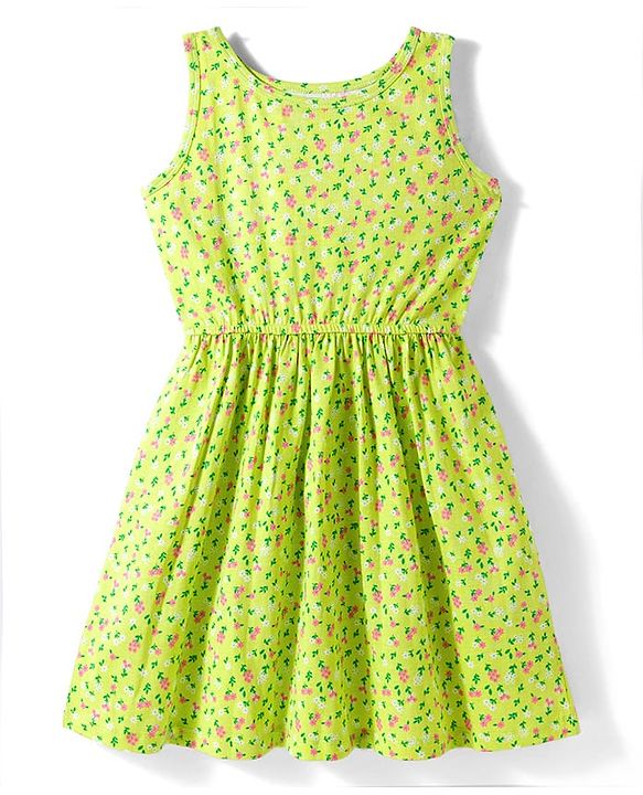 Pine Kids Cotton Knit Sleeveless Fit & Flared Frock with Floral Print- Light Green