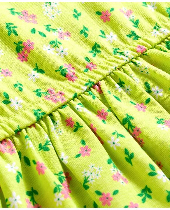 Pine Kids Cotton Knit Sleeveless Fit & Flared Frock with Floral Print- Light Green