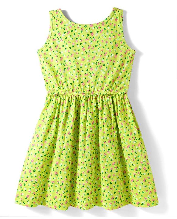 Pine Kids Cotton Knit Sleeveless Fit & Flared Frock with Floral Print- Light Green