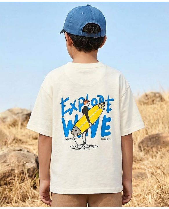 Pine Kids Cotton Knit Half Sleeves T-Shirt With Surfing Print - Off White