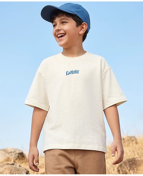 Pine Kids Cotton Knit Half Sleeves T-Shirt With Surfing Print - Off White