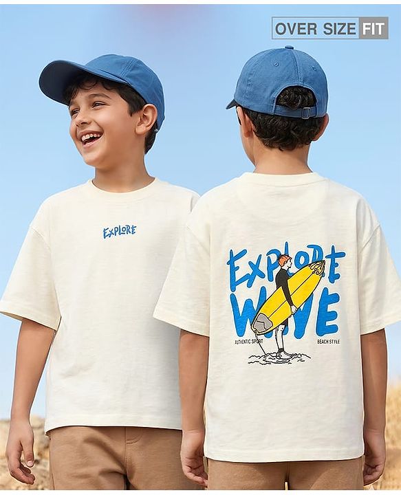 Pine Kids Cotton Knit Half Sleeves T-Shirt With Surfing Print - Off White