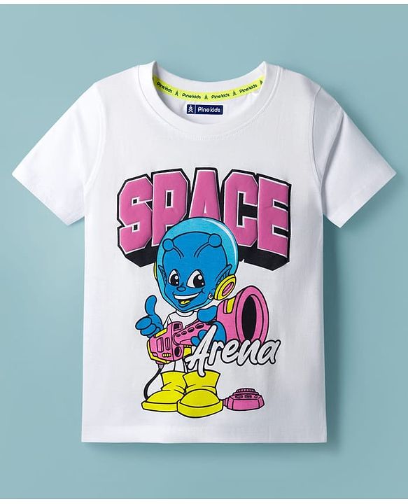 Pine Kids Cotton Knit Half Sleeves T-Shirt with Space Theme Print - White