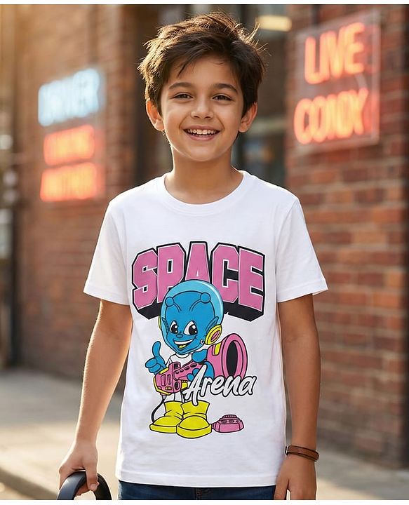 Pine Kids Cotton Knit Half Sleeves T-Shirt with Space Theme Print - White