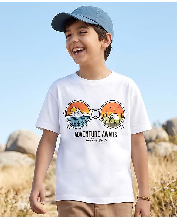 Pine Kids 100% Cotton Knit Half Sleeves Mountains Printed T-Shirt - White