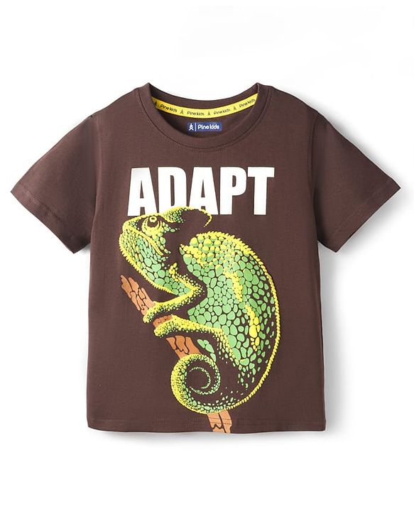 Pine Kids Cotton Knit Half Sleeves T-Shirt With Chameleon Print - Brown