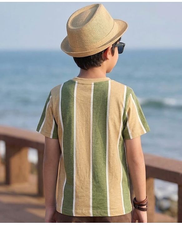 Pine Kids Cotton Knit Half Sleeves Striped T-Shirt With Tree Print - Multicolor