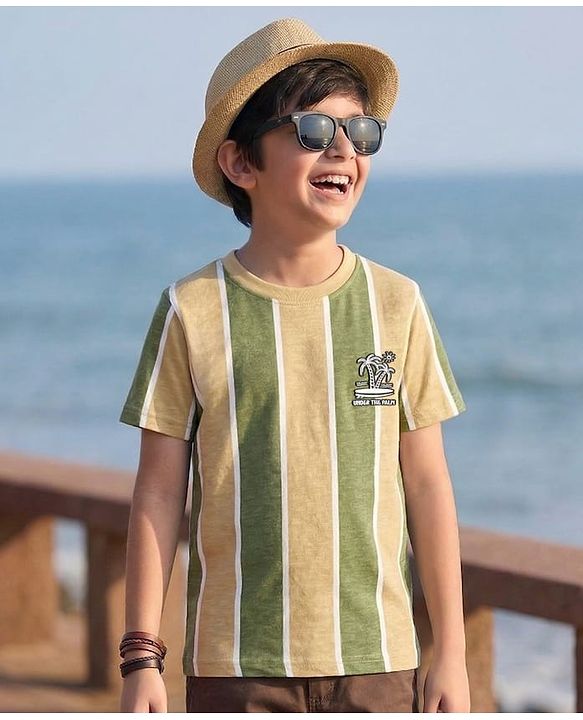 Pine Kids Cotton Knit Half Sleeves Striped T-Shirt With Tree Print - Multicolor