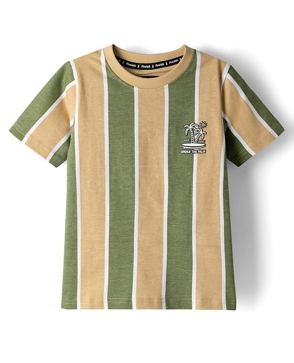Pine Kids Cotton Knit Half Sleeves Striped T-Shirt With Tree Print - Multicolor