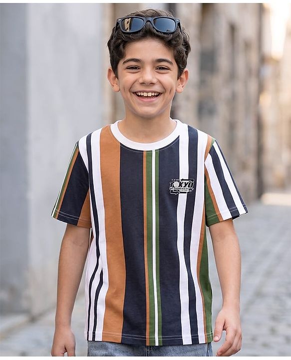 Pine Kids Cotton Knit Striped Round Neck Half Sleeves  T-Shirts - Multicolor