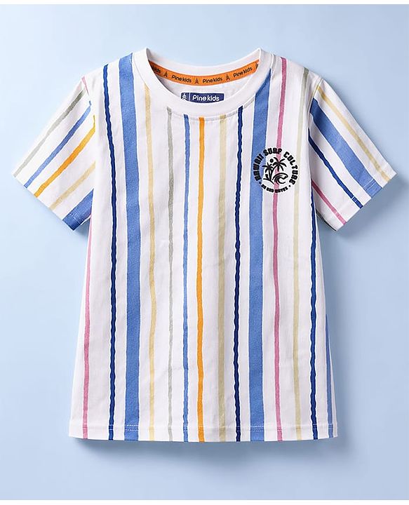 Pine Kids Cotton Knit T-Shirt Striped Round Neck Half Sleeves White 4-5 Years