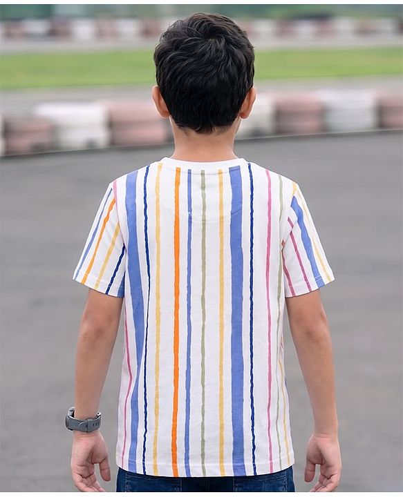 Pine Kids Cotton Knit T-Shirt Striped Round Neck Half Sleeves White 4-5 Years