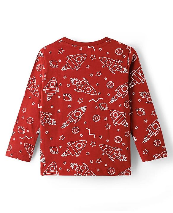 Babyhug Cotton Knit Full Sleeves Space Theme Printed Co-Ords T-Shirt & Pyjama Night Suit - Brown