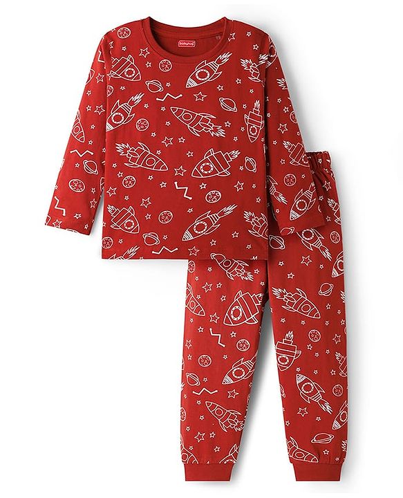 Babyhug Cotton Knit Full Sleeves Space Theme Printed Co-Ords T-Shirt & Pyjama Night Suit - Brown