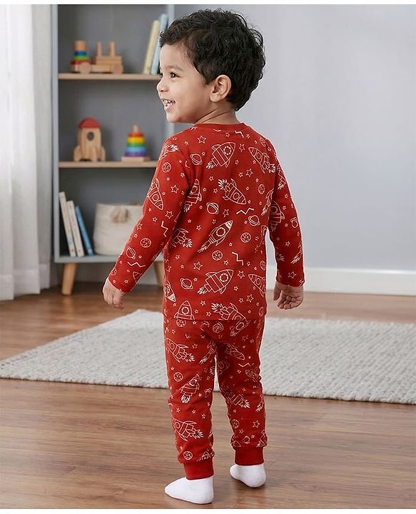 Babyhug Cotton Knit Full Sleeves Space Theme Printed Co-Ords T-Shirt & Pyjama Night Suit - Brown
