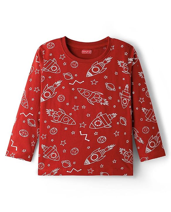 Babyhug Cotton Knit Full Sleeves Space Theme Printed Co-Ords T-Shirt & Pyjama Night Suit - Brown