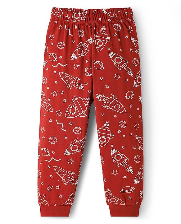 Babyhug Cotton Knit Full Sleeves Space Theme Printed Co-Ords T-Shirt & Pyjama Night Suit - Brown