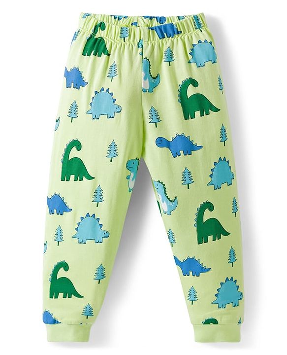 Babyhug Cotton Knit Full Sleeves Dino Printed Co-Ords T-Shirt & Pyjama Night Suit Set - Light Green