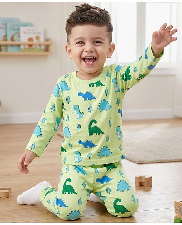 Babyhug Cotton Knit Full Sleeves Dino Printed Co-Ords T-Shirt & Pyjama Night Suit Set - Light Green