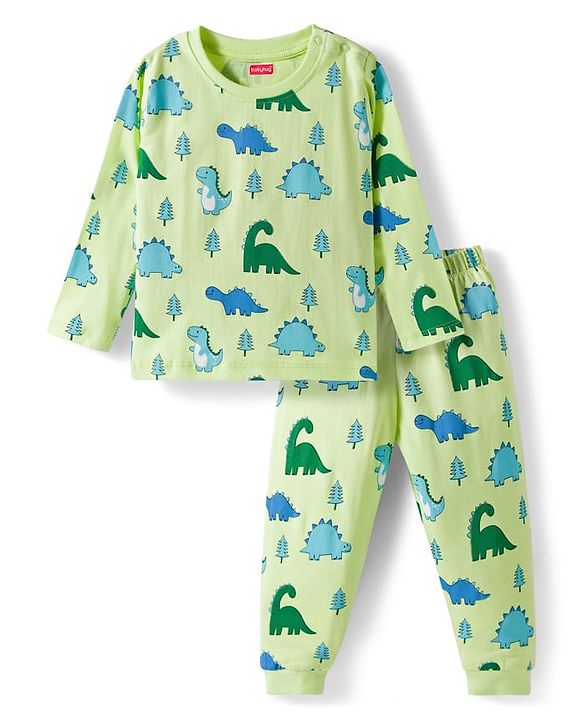 Babyhug Cotton Knit Full Sleeves Dino Printed Co-Ords T-Shirt & Pyjama Night Suit Set - Light Green