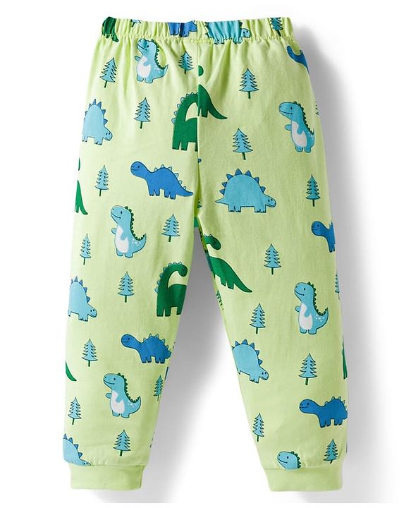 Babyhug Cotton Knit Full Sleeves Dino Printed Co-Ords T-Shirt & Pyjama Night Suit Set - Light Green