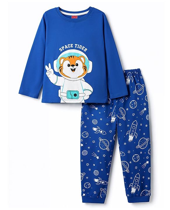 Babyhug Cotton Knit Full Sleeves Tiger & Space Theme Printed T-Shirt & Pyjama Night Suit - Blue