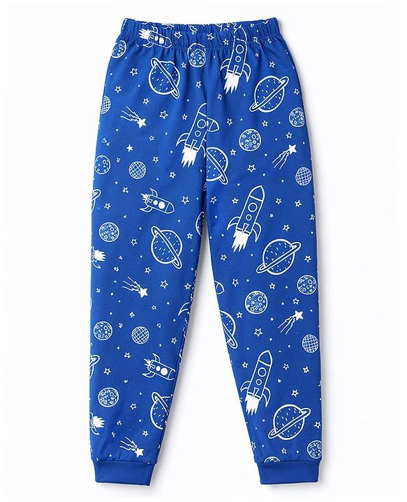 Babyhug Cotton Knit Full Sleeves Tiger & Space Theme Printed T-Shirt & Pyjama Night Suit - Blue