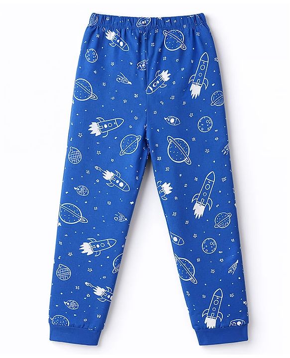 Babyhug Cotton Knit Full Sleeves Tiger & Space Theme Printed T-Shirt & Pyjama Night Suit - Blue