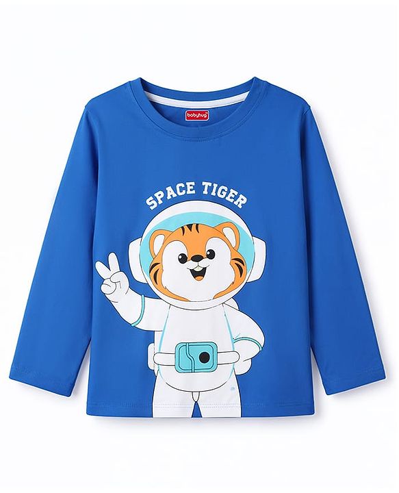 Babyhug Cotton Knit Full Sleeves Tiger & Space Theme Printed T-Shirt & Pyjama Night Suit - Blue
