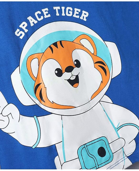 Babyhug Cotton Knit Full Sleeves Tiger & Space Theme Printed T-Shirt & Pyjama Night Suit - Blue