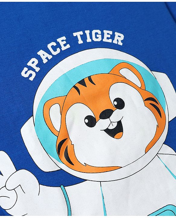 Babyhug Cotton Knit Full Sleeves Tiger & Space Theme Printed T-Shirt & Pyjama Night Suit - Blue