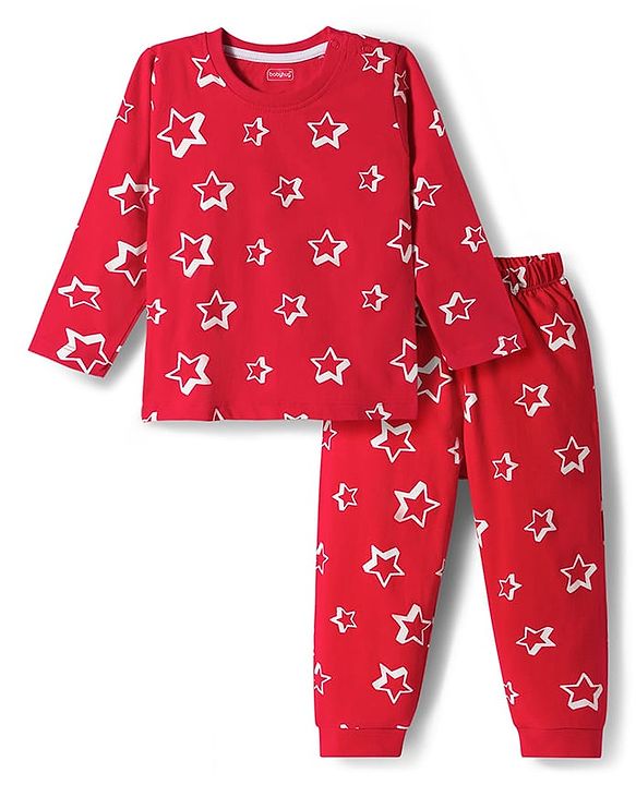 Babyhug Cotton Knit Full Sleeves Star Printed T-Shirt & Pyjama Co-Ord Night Suit Set- Red