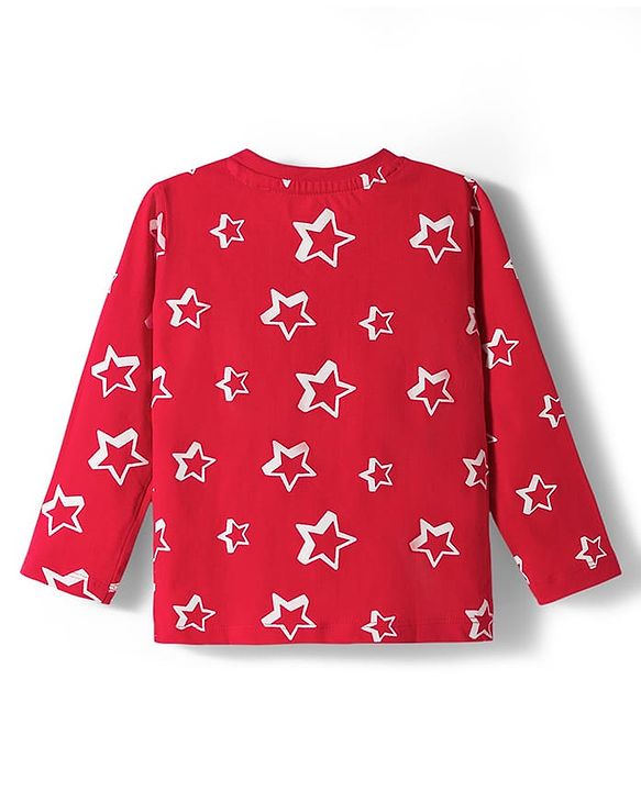 Babyhug Cotton Knit Full Sleeves Star Printed T-Shirt & Pyjama Co-Ord Night Suit Set- Red