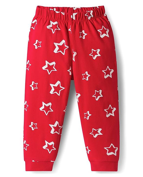 Babyhug Cotton Knit Full Sleeves Star Printed T-Shirt & Pyjama Co-Ord Night Suit Set- Red
