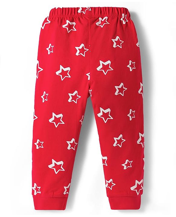 Babyhug Cotton Knit Full Sleeves Star Printed T-Shirt & Pyjama Co-Ord Night Suit Set- Red