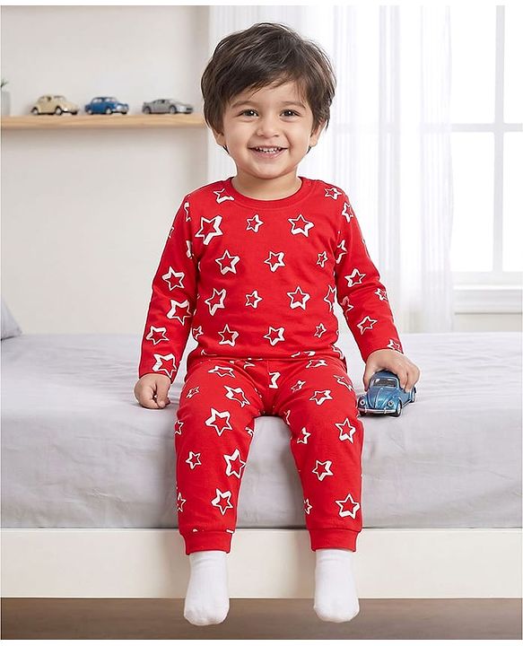 Babyhug Cotton Knit Full Sleeves Star Printed T-Shirt & Pyjama Co-Ord Night Suit Set- Red