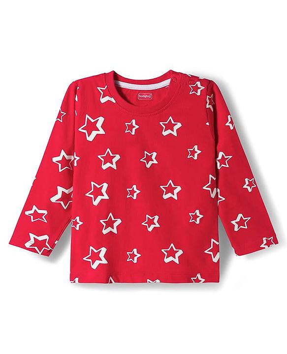 Babyhug Cotton Knit Full Sleeves Star Printed T-Shirt & Pyjama Co-Ord Night Suit Set- Red