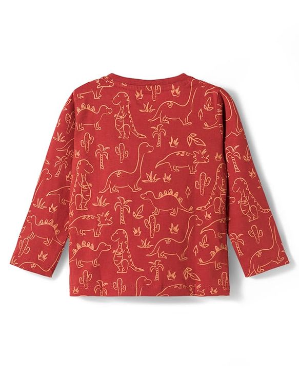 Babyhug Cotton Knit Full Sleeves Dino Printed T-Shirt & Pyjama Co-Ord Night Suit Set- Brown