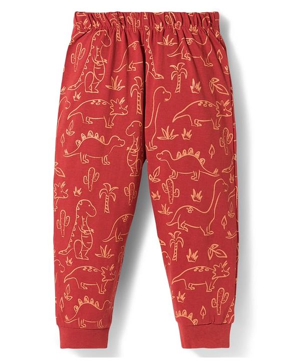Babyhug Cotton Knit Full Sleeves Dino Printed T-Shirt & Pyjama Co-Ord Night Suit Set- Brown