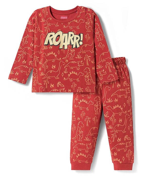 Babyhug Cotton Knit Full Sleeves Dino Printed T-Shirt & Pyjama Co-Ord Night Suit Set- Brown