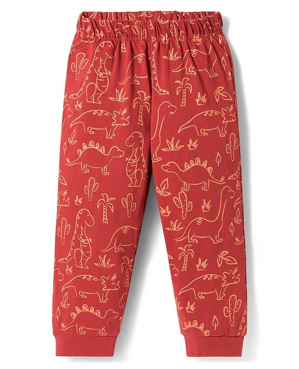 Babyhug Cotton Knit Full Sleeves Dino Printed T-Shirt & Pyjama Co-Ord Night Suit Set- Brown