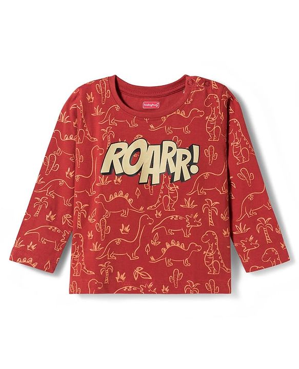 Babyhug Cotton Knit Full Sleeves Dino Printed T-Shirt & Pyjama Co-Ord Night Suit Set- Brown
