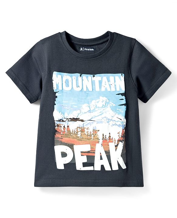 Pine Kids Cotton Knit T-Shirt with Mountain Peak Graphic Print Black 4-5 Years