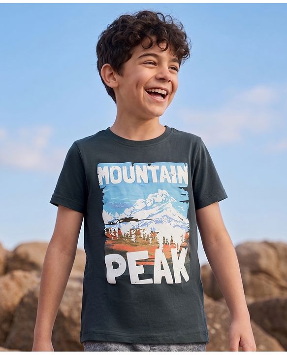 Pine Kids Cotton Knit T-Shirt with Mountain Peak Graphic Print Black 4-5 Years