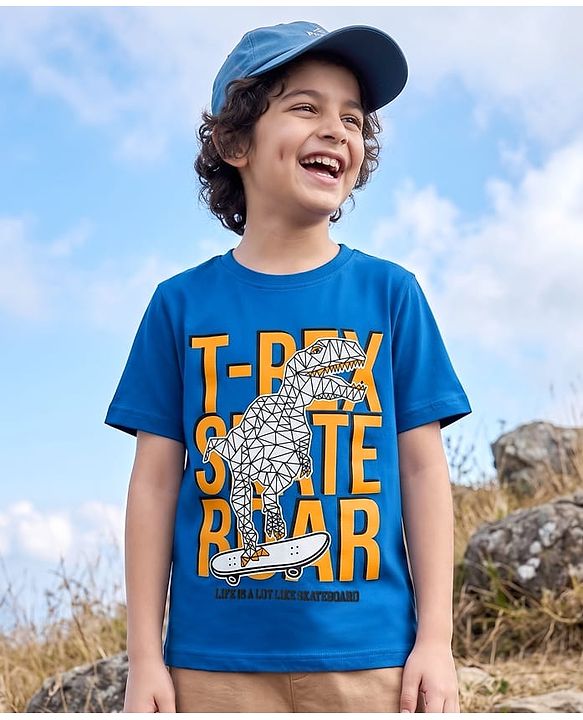 Pine Kids Cotton Knit Half Sleeves T-Shirt With Dino Print - Blue