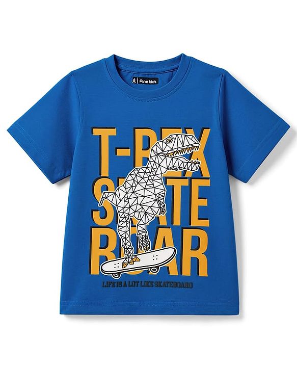 Pine Kids Cotton Knit Half Sleeves T-Shirt With Dino Print - Blue